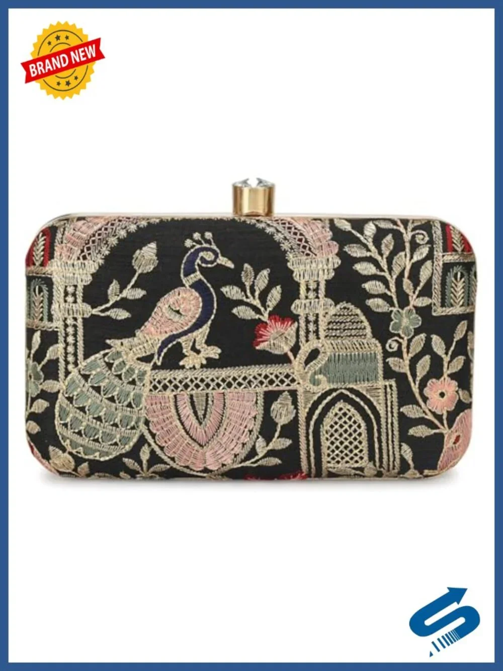 Embroidered Box Clutch Evening Bag with Crystal Clasp & Chain Strap